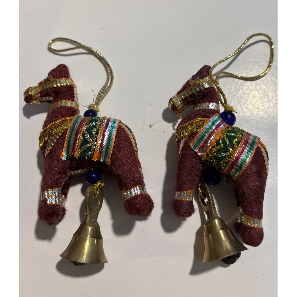 2 Fabric Horses Christmas Ornaments with Bell Boho Decor